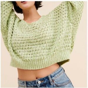 Free People Coconut V Neck Open Knit Sweater in Kiwi Cream Combo Size XS